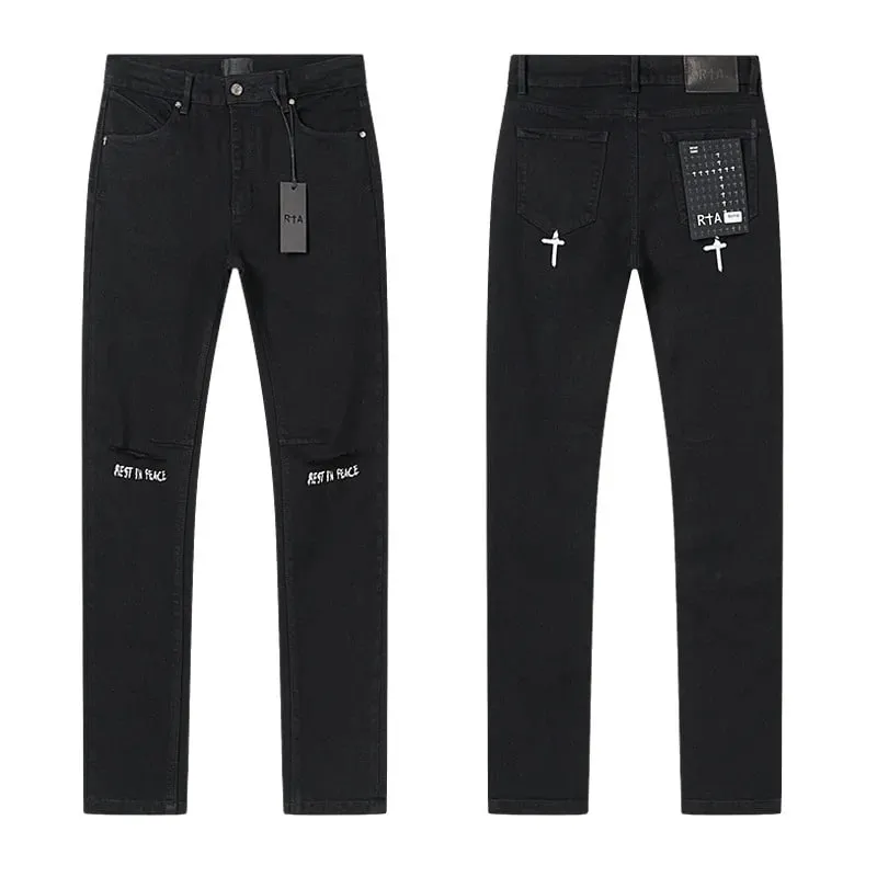 Új RTA Destroyed Scratch Hole Világoskék Distressed Farmer Férfi High Street Elasztikus Slim Fit Farmer 2026 márka nadrág utcai viselet — image 3