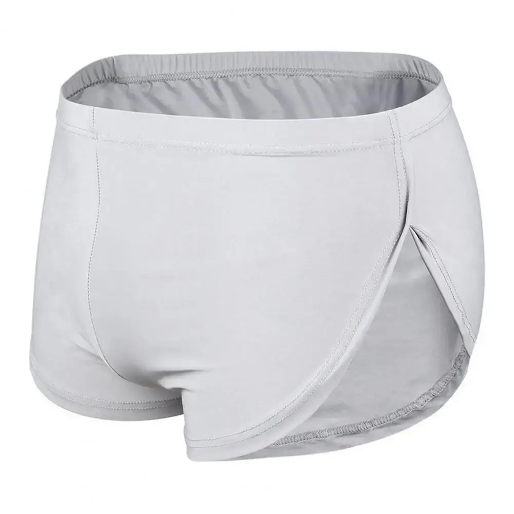 Short taille basse respirant pour hommes, couleur unie, culotte taille élastique, fente latérale, short de salon en soie glacée, sous-vêtements de nuit