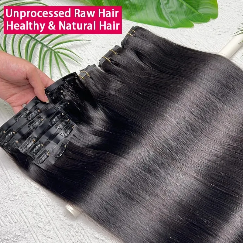 Insible Seamless Clip Ins Bone Straight Human Hair Unprocessed Raw Hair PU Weft Extensions Full Head 7Pcs/Set Clip on Hair — image 5