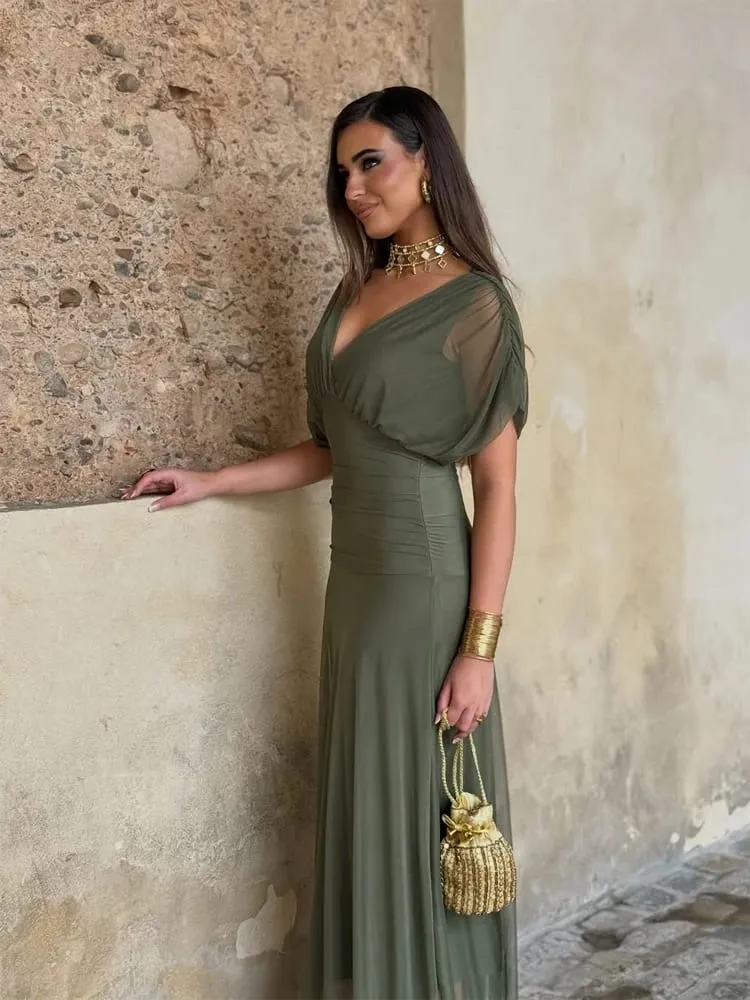 Γυναικείο μακρύ φόρεμα με βαθύ δικτυωτό λαιμόκοψης V Κομψό, κοντό μανίκι με ρουφηξιά, ψηλή μέση 2026, καλοκαιρινή γυναικεία ρόμπα του δρόμου — image 2