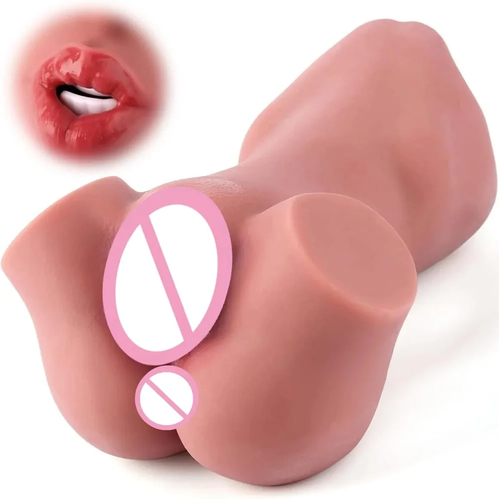 1pc Double-Ended Male Masturbation Sex Toy with Realistic Sexy Plump Lips Pocket Stroker Toy with Mouth Tongue&Textured Vagina