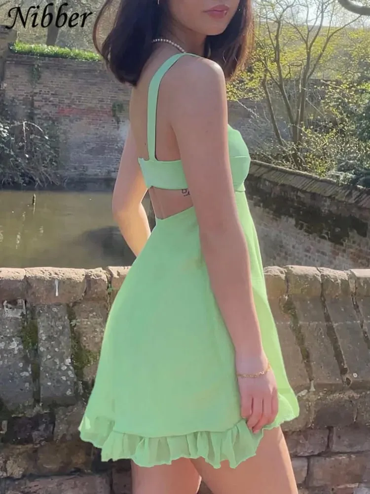 Nibber Vestidos Elegantes Para Mujer Μονόχρωμο Cutout Slim Sling Φόρεμα Γυναικείο σέξι εξώπλατο βολάν φόρεμα2023 — image 6