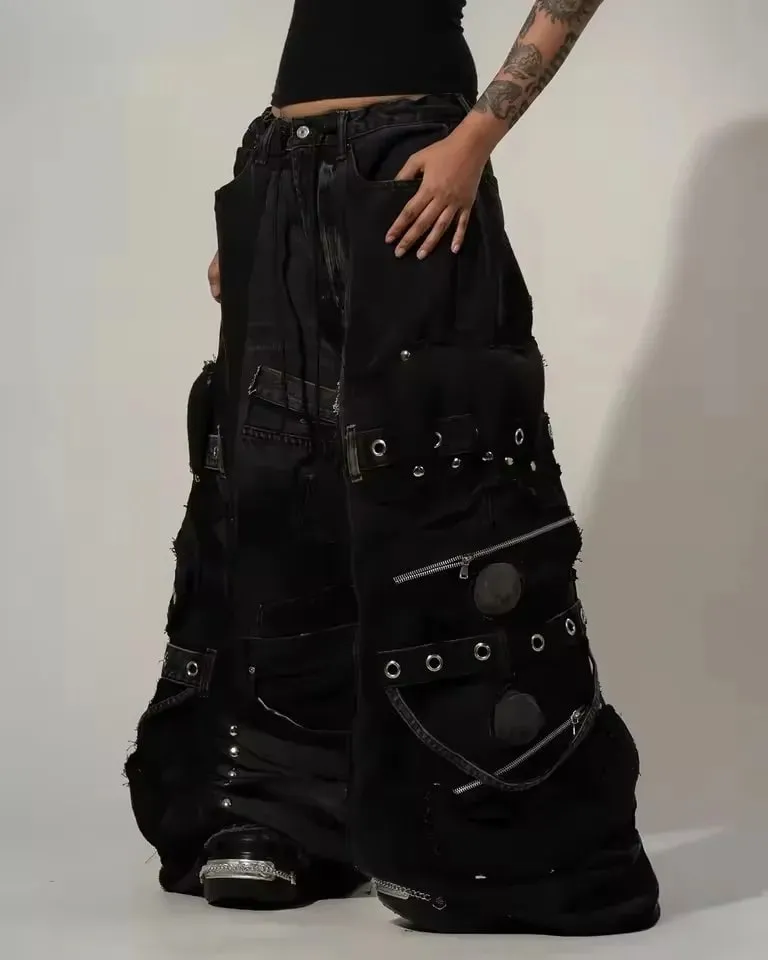 Y2K Black Oversized Cargo Jeans Men Heavy Strap Buckle Stud Zip Pocket Distressed Detail Streetwear Casual Wide Leg Fashion Pant — image 4