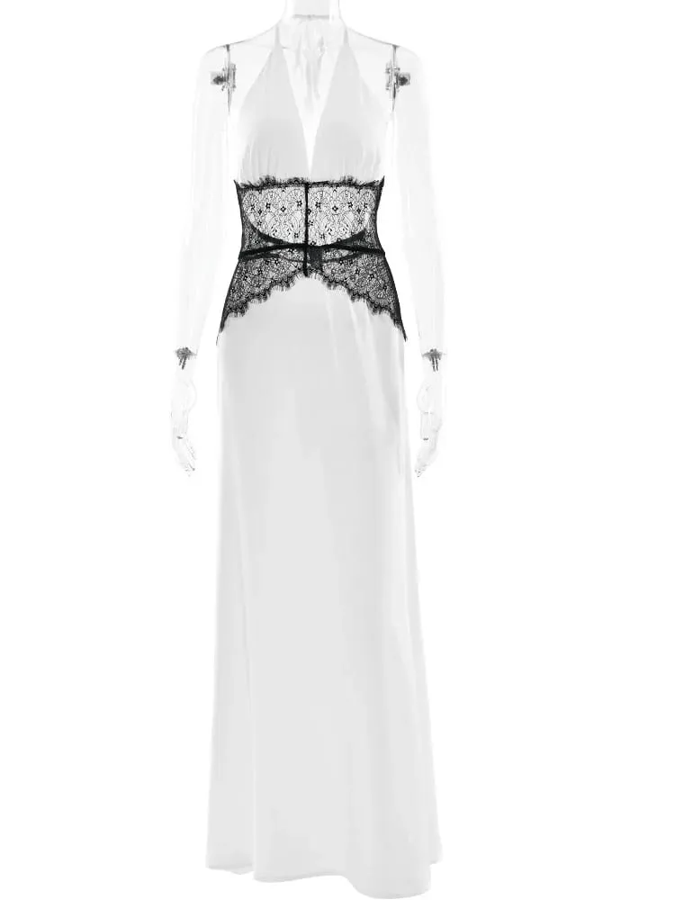 MO Patchwork Lace Print Polka Dot Halter Women Maxi Dress Sexy Backless Evening Dress Winter Skinny Elegant Party Dress