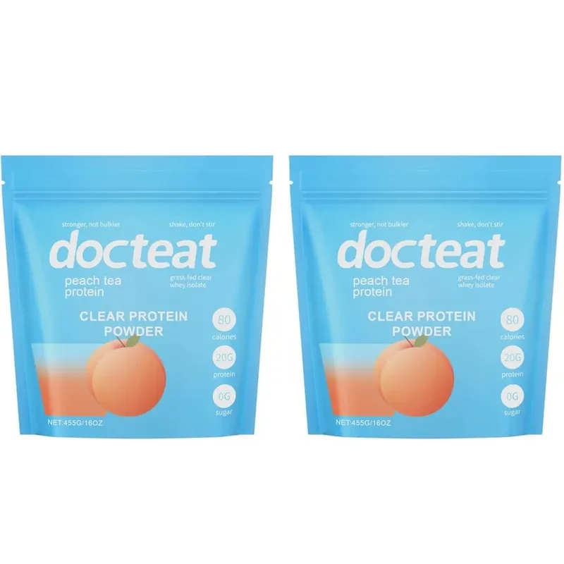 Docteat Peach Tea אבקת חלבון שקופה 455 גרם מי גבינה איזולט וסטביה 20 גרם חלבון דל שומן 0 גרם סוכר תמיכה להתאוששות אימון כושר