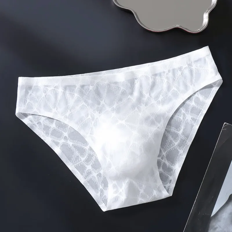 Letter Lace Transparent Men's Underwear Thin Mesh Hollow Out Sexy Male Briefs Medium Low Waist Sexy Triangle Shorts — image 3