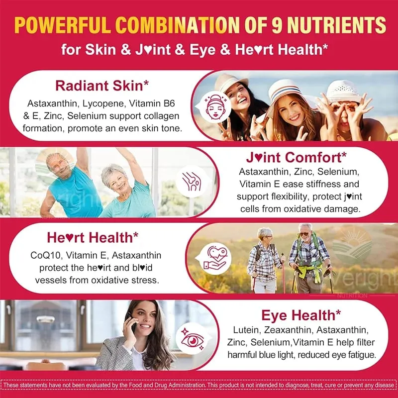 Liposomal Astaxanthin Supplements with Lycopene CoQ10 Lutein Vitamin B6 E Zinc Antioxidants for Healthy Skin Eyes Aging — image 2