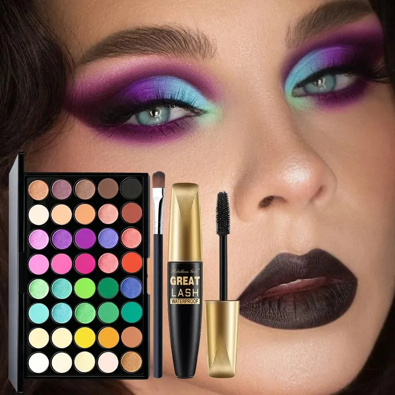 3 τμχ Σετ μακιγιάζ για 40 χρώματα Rainbow Eyeshadow Palette + Μαύρη μάσκαρα με 1 τμχ Πινέλο 3 σε 1 Σετ μακιγιάζ για καθημερινό πάρτι καθημερινά — image 3