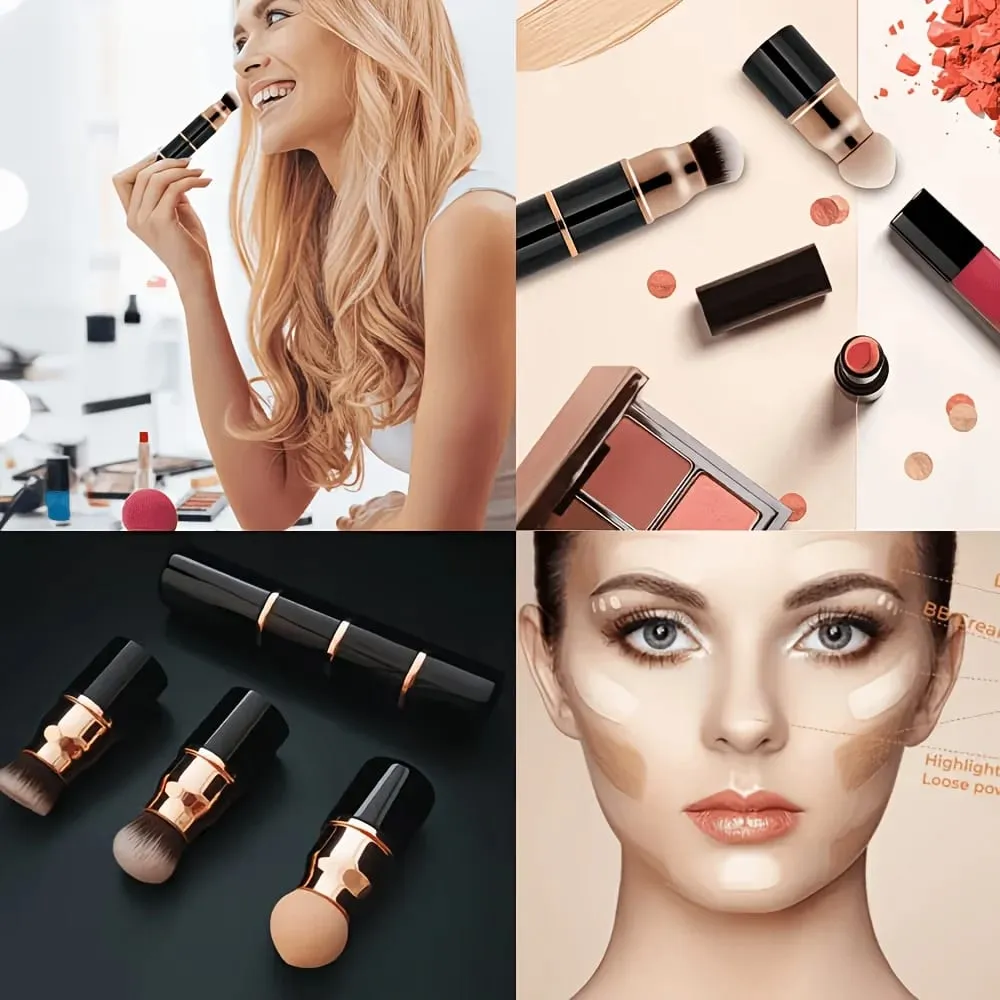 3in1 Mini Portable Makeup Brush with Dust Cap Detachable Sponge Angled Foundation & Powder Heads Bionic Hair Sturdy Aluminum — image 4
