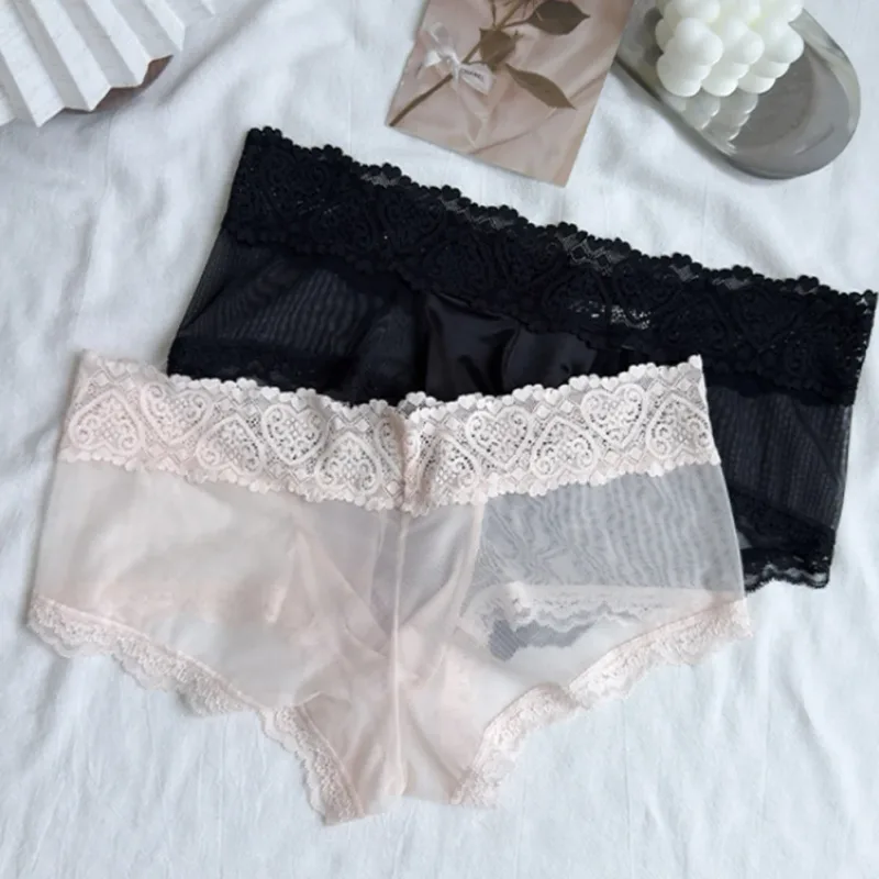 Men Ice Silk Lace Trim Thin Seamless Briefs Glossy 3D Pouch Lightweight Underwear Panties Comfortable Daily Lingerie