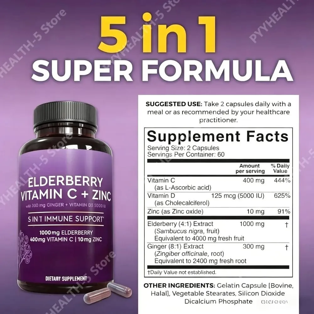 Elderberry Capsules with Vitamin C Zinc D3 Ginger Sambucus Black Elderberry Herbal Blend Daily Wellness Support for Adults