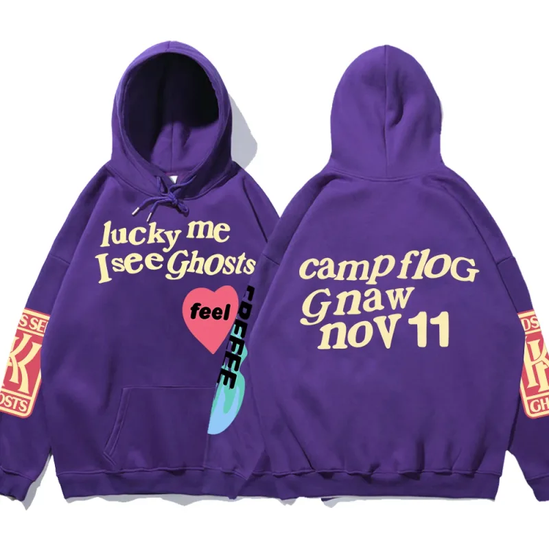 Moletom com capuz solto estampado com grafite Kanye Moletom masculino oversized Luck Me I See Ghosts Camisola com capuz Unissex Camisola com capuz — image 8