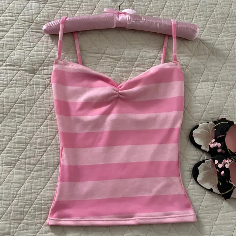 Color Block Stripe Twist Front Spaghetti Strap Cami Top Slim Fit Y2K Sweet קיץ גופייה ללא שרוולים — image 8