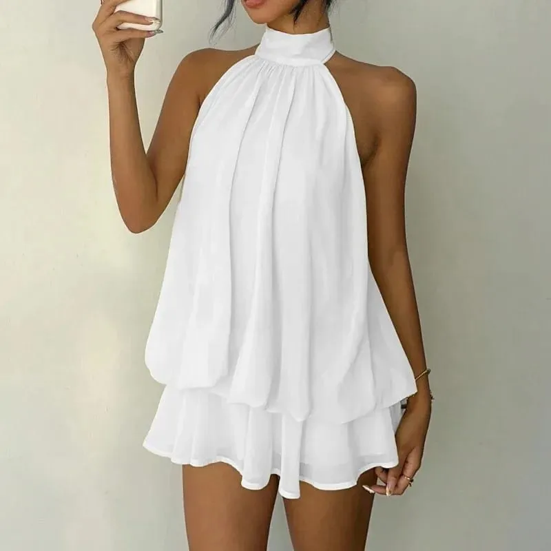 Sexy Women Chiffon Sleeveless Halter Backless Dress Lady Solid Color Tie Waist Slim Flared Dress Summer Beach Vacation Outfit — image 6