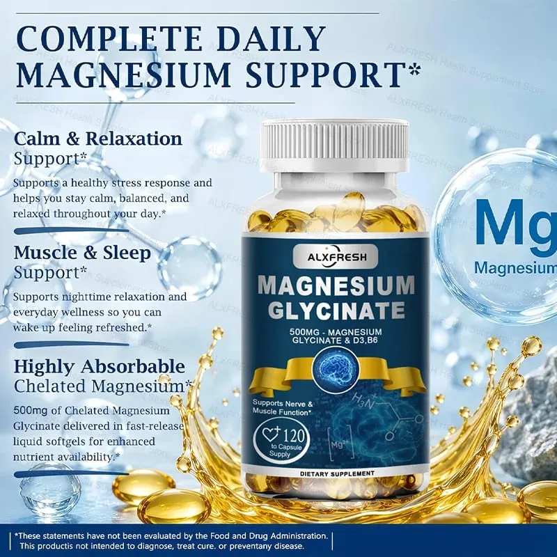 Original Magnesium Glycinate 500mg Supplement – High Absorption for Sleep Muscle & Restful Support - D3 B6 Zinc