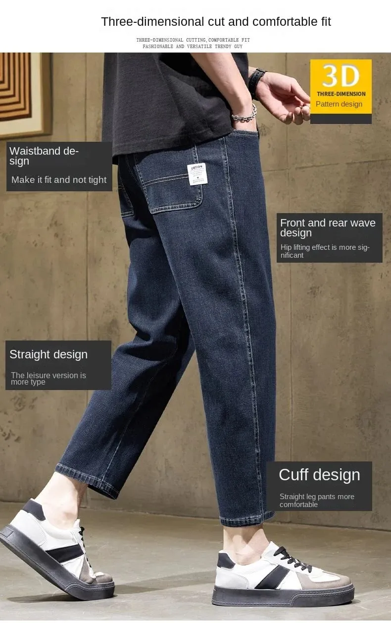 Men's Baggy Straight Leg Jeans Casual Stretch Denim 9-Length Comfortable Loose Trousers Spring Autumn Versatile Wide-Leg Pants — image 8