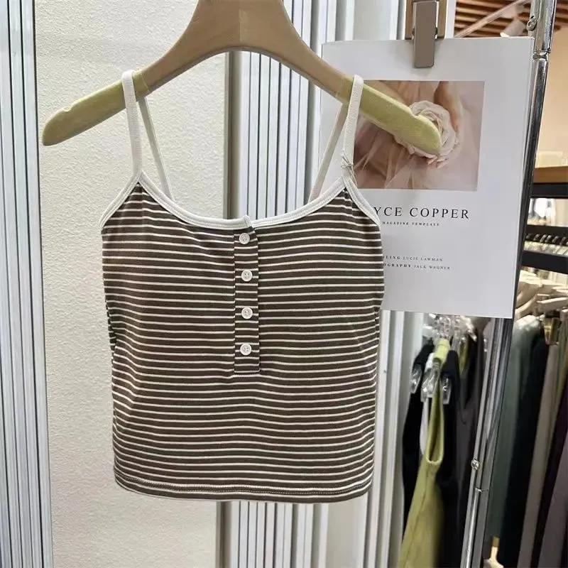 Integrated Stripe Women's Vest Inner Wear Outer Wear Button Fixed Cup No Bra Sports Top Short Style Cotton 100% Short Vest