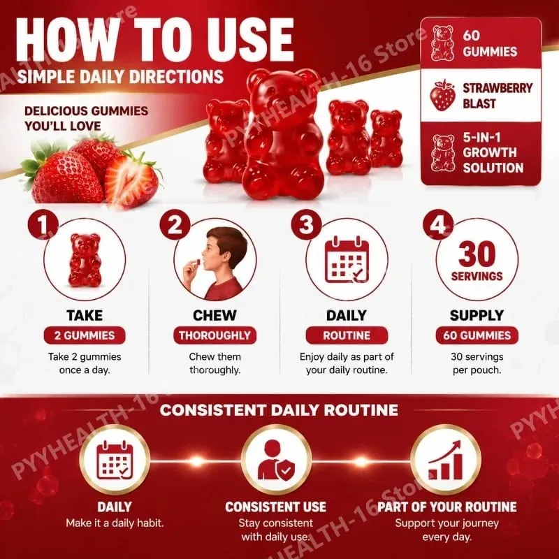 Googeer 5-IN-1 Growth Solution Gummies for Bone Development & Height Support Vitamin D3 K2 Calcium Strawberry Blast 60 Gummies — image 6