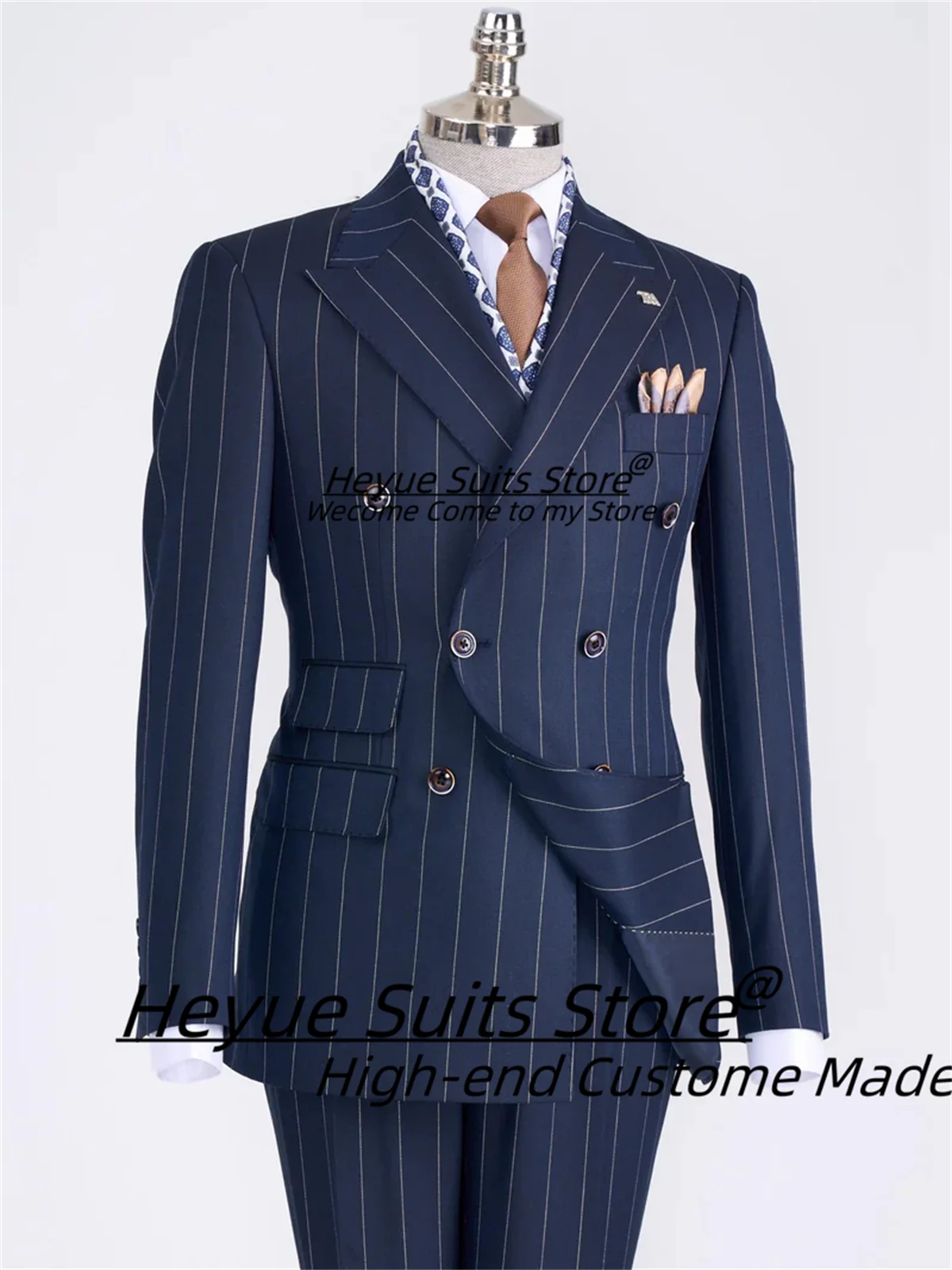 Handsome French style Stripe Men Suits Slim Fit Double Breasted Groom Tuxedos 2 Pieces Sets Classic Male Blazers Ropa Hombre — image 3