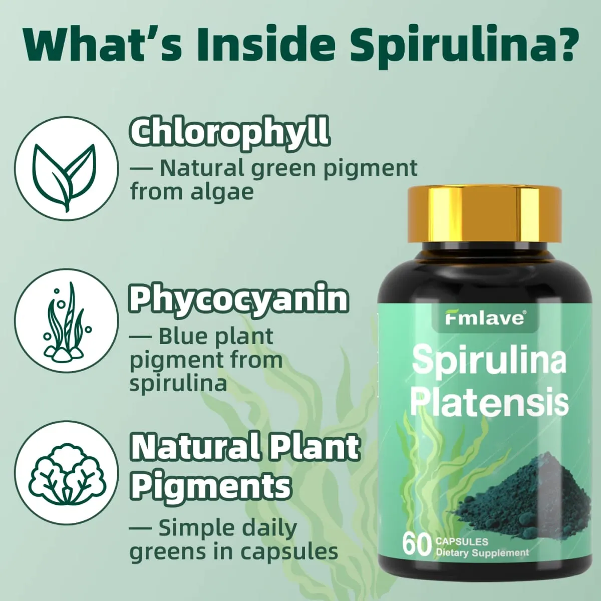 Fmlave Supplements Organic Spirulina - Fehérjében gazdag kék zöldalga szuperétel-kiegészítő energia és immunrendszer támogatására 60 vegetáriánus kapszula — image 5