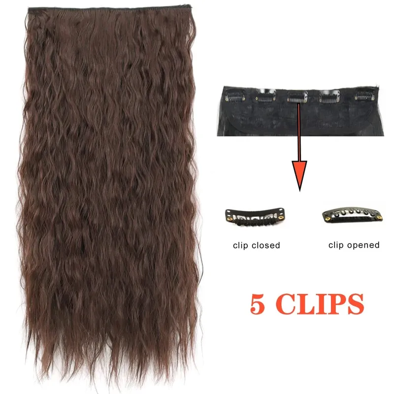 Synthetic Long Wave 5 Clips Hair Extensions Clips in High Temperature Fiber Black Brown Hairpiece — image 9