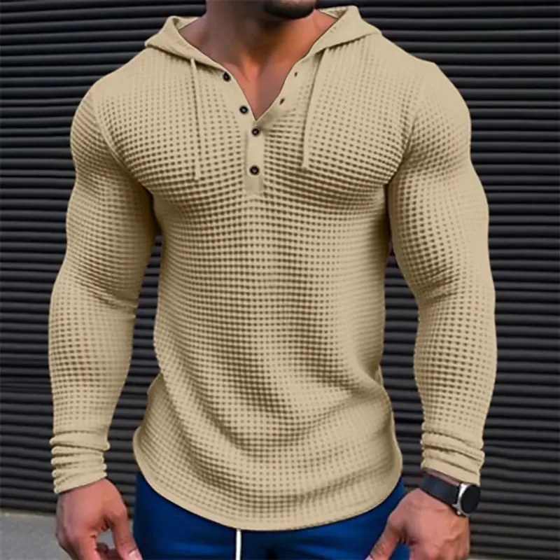 Camiseta de manga larga ajustada de Color sólido para primavera, Top deportivo transpirable con capucha para hombre, camisa informal de manga larga de algodón Waffle