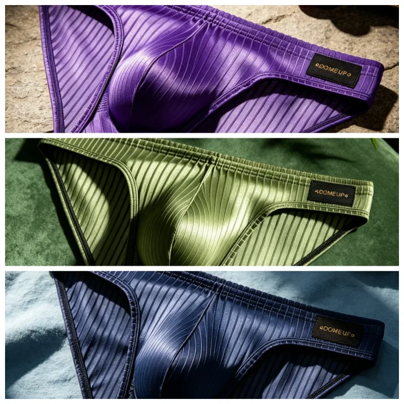 Mens Briefs Vertical Stripe Shiny Fabric U Convex Pouch Low Waist Elastic Waistband Breathable Male Underwear DP922 — image 8