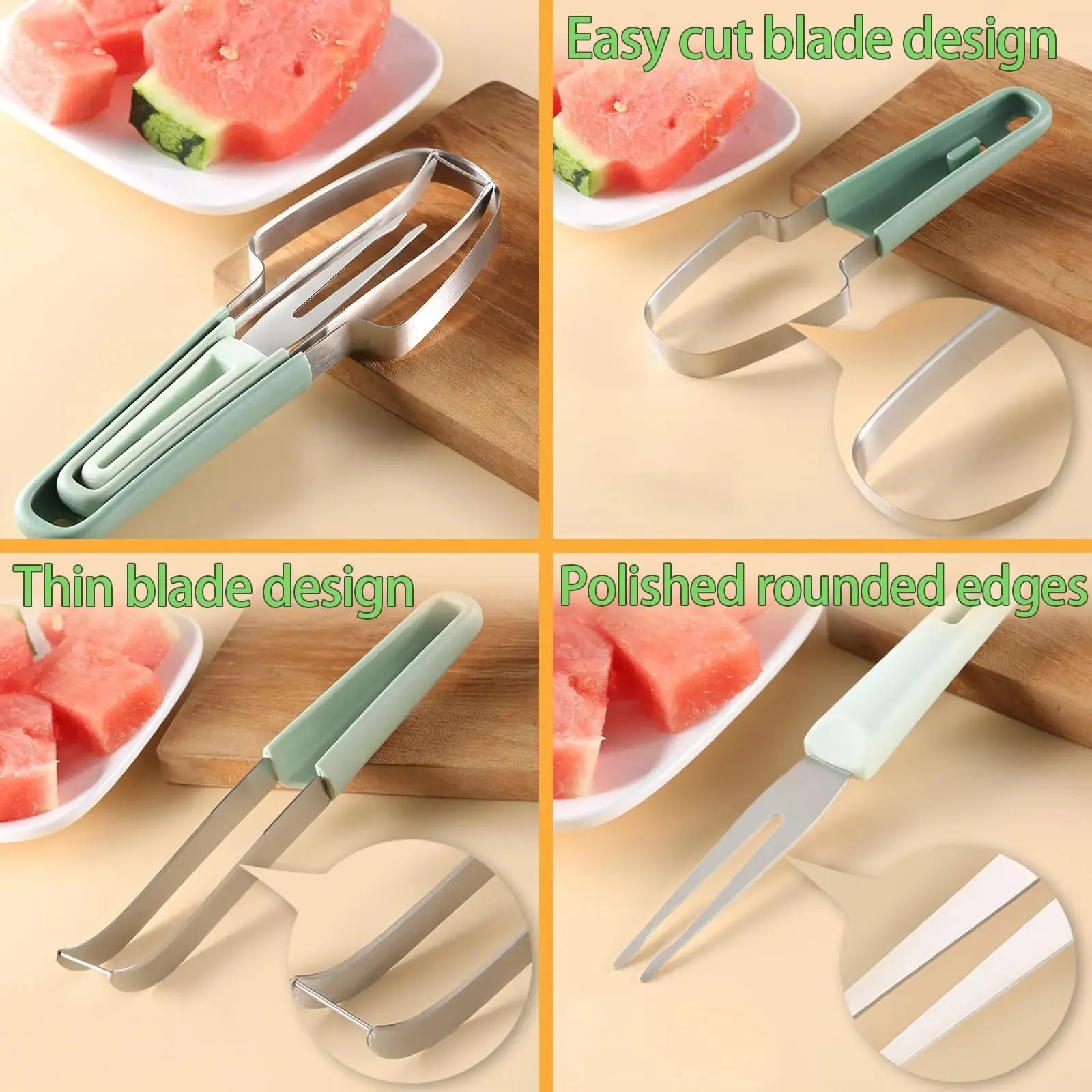 3-in-1 Watermelon Fork Slicer Cutter 2024 Stainless Steel Fruit Watermelon Cutting Tool Fork Slicer Knife Set for Home Kitchen