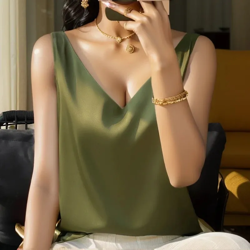 Νέο Lce Silk Satin Camisole Γυναικεία Άνοιξη/Καλοκαίρι μονόχρωμο αμάνικο σέξι άνετο μεταξωτό εσώρουχο RW-D09 — image 3