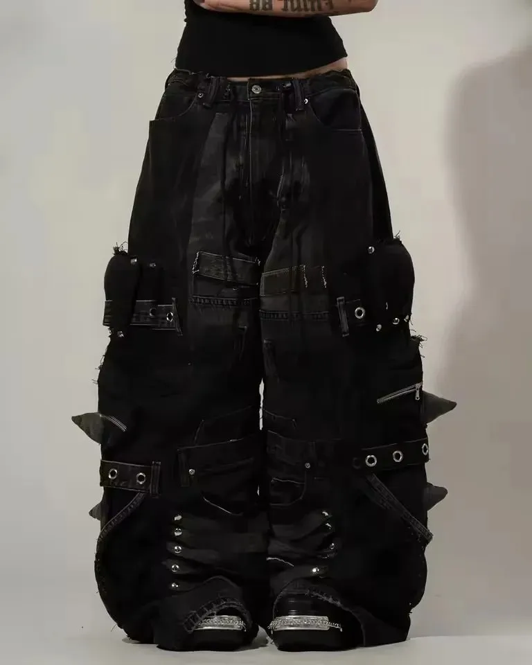 Y2K Black Oversized Cargo Jeans Men Heavy Strap Buckle Stud Zip Pocket Distressed Detail Streetwear Casual Wide Leg Fashion Pant — image 3