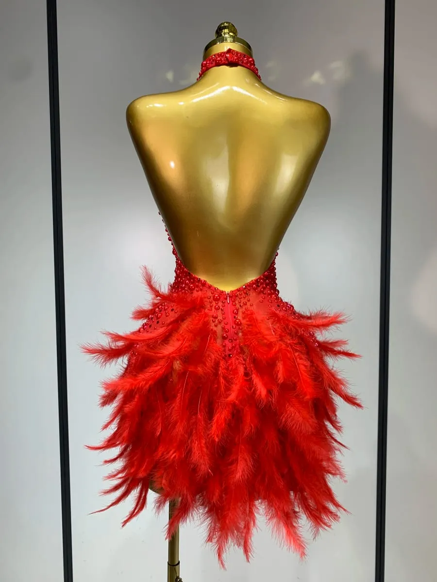 Luxury Rhinestones Pearls Halter Backless Short Feathers Dress Women Sexy Celebrate Birthday Dress Performance Dance Costume — image 4
