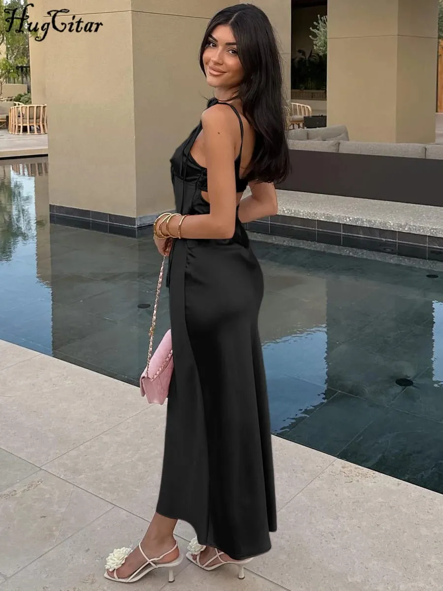 Hugcitar V Neck Solid Slips Backless Hollow Out Lace Up Sexy Bodycon Maxi φόρεμα χορού Καλοκαιρινό Γυναικεία Κομψά ρούχα Πάρτι γενεθλίων — image 6