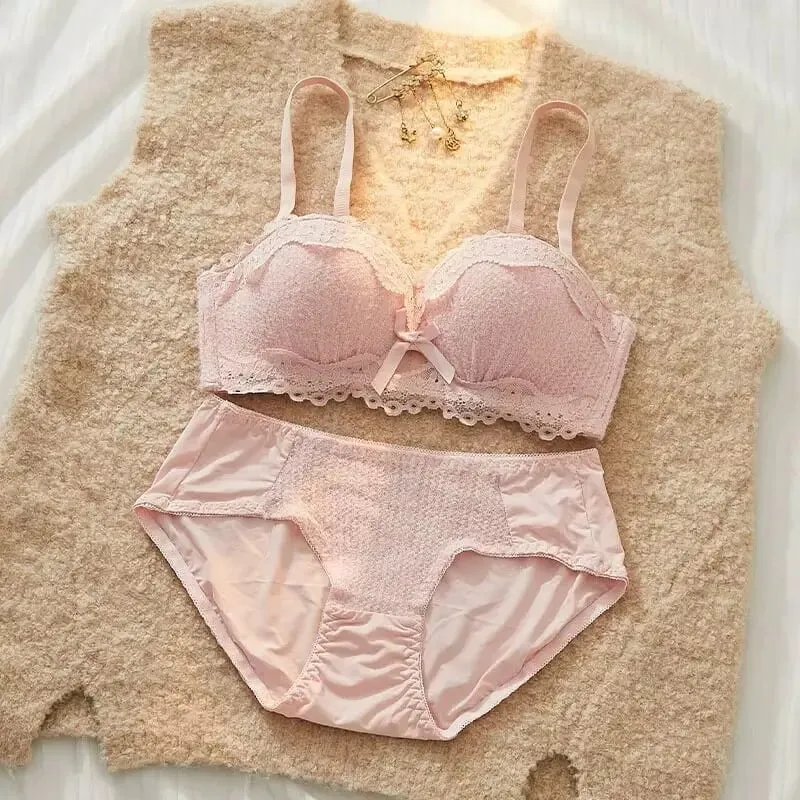 Lace Sexy Lingerie Set Push Up Thick Padded Small Breast Enhance Shaping Half Cup Bra Concealed Brief Intimates Underwear