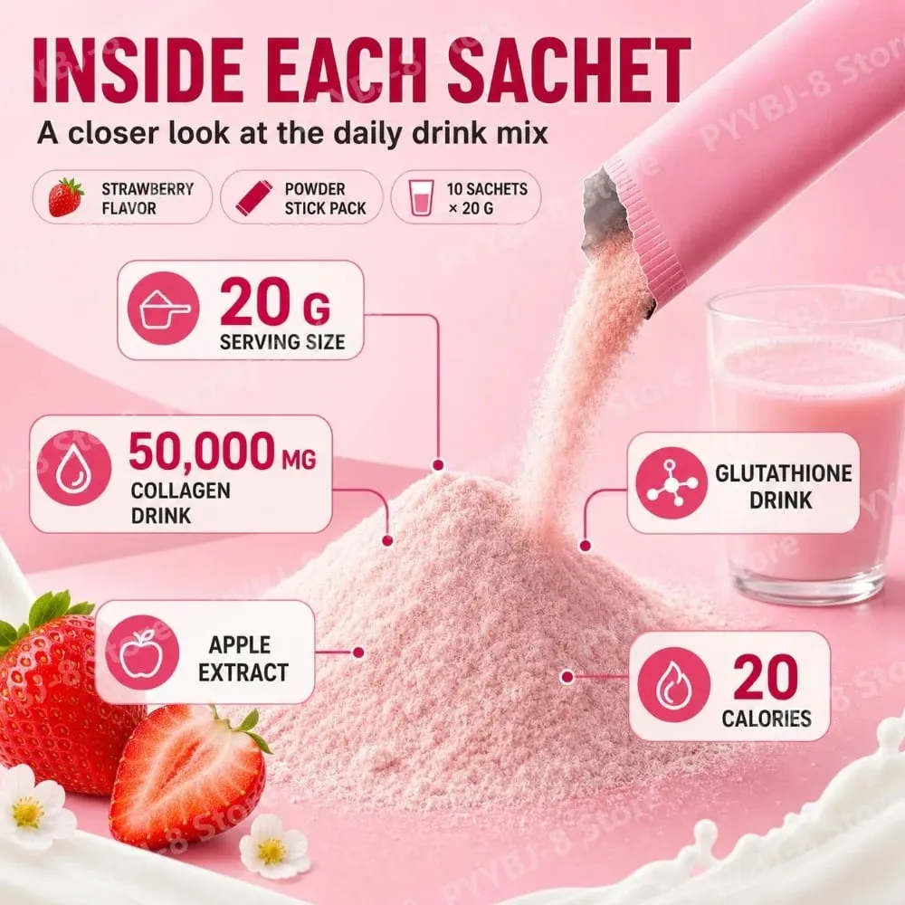 Strawberry Collagen Glutathione Drink Mix with Apple Extract for Skin Glow Support 10 Powder Sachets x 20g Net 200g — image 3