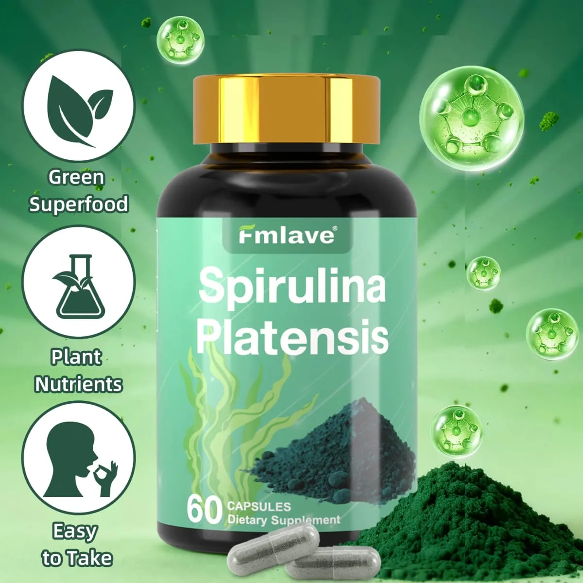 Fmlave Supplements Organic Spirulina - Fehérjében gazdag kék zöldalga szuperétel-kiegészítő energia és immunrendszer támogatására 60 vegetáriánus kapszula — image 2