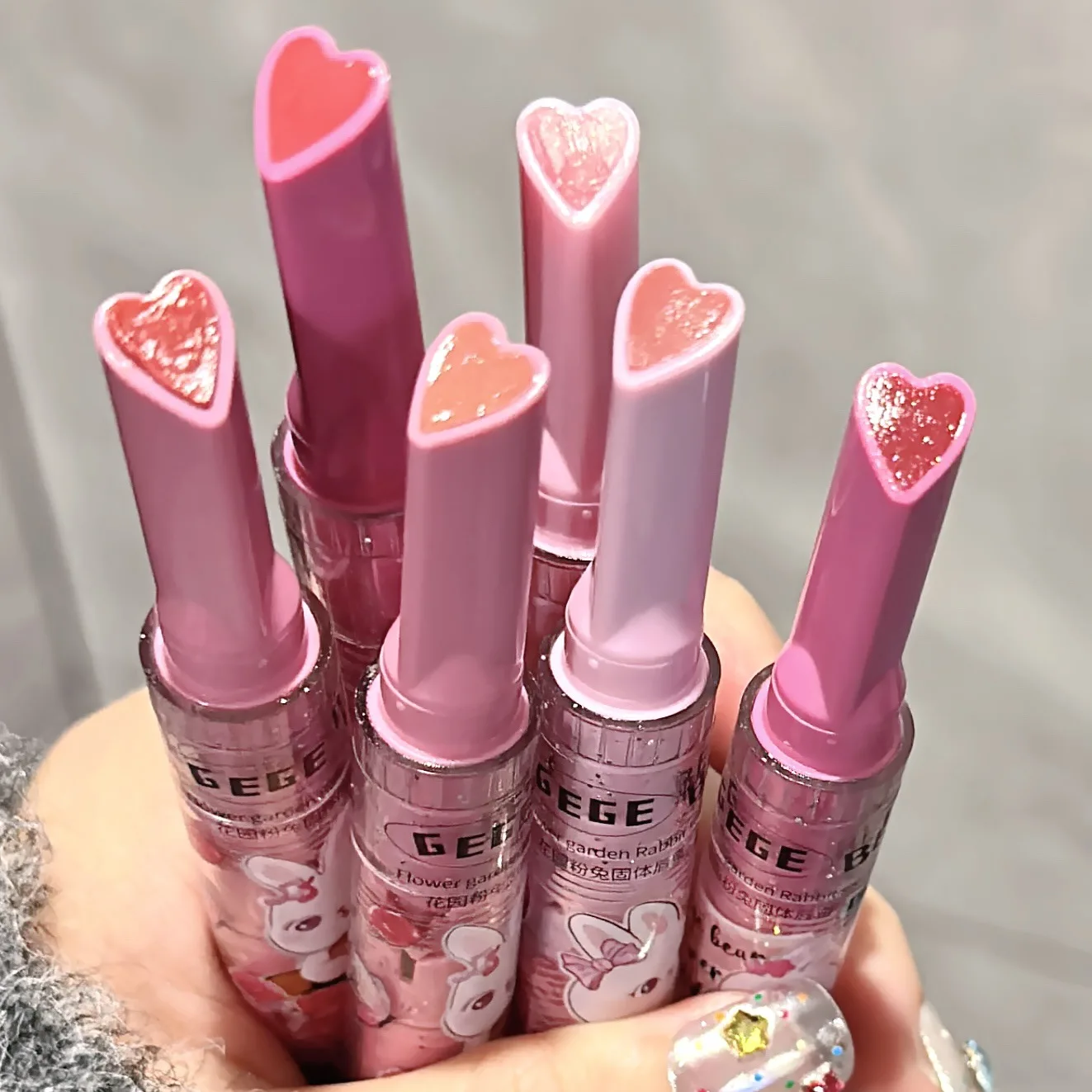 Gege Bear Garden Pink Rabbit Jelly Lip Gloss Solid Lip Glaze Καθρέφτης Γυαλί νερό Ανοιχτό σε σχήμα καρδιάς κραγιόν Κορεάτικη απόχρωση χειλιών — image 3