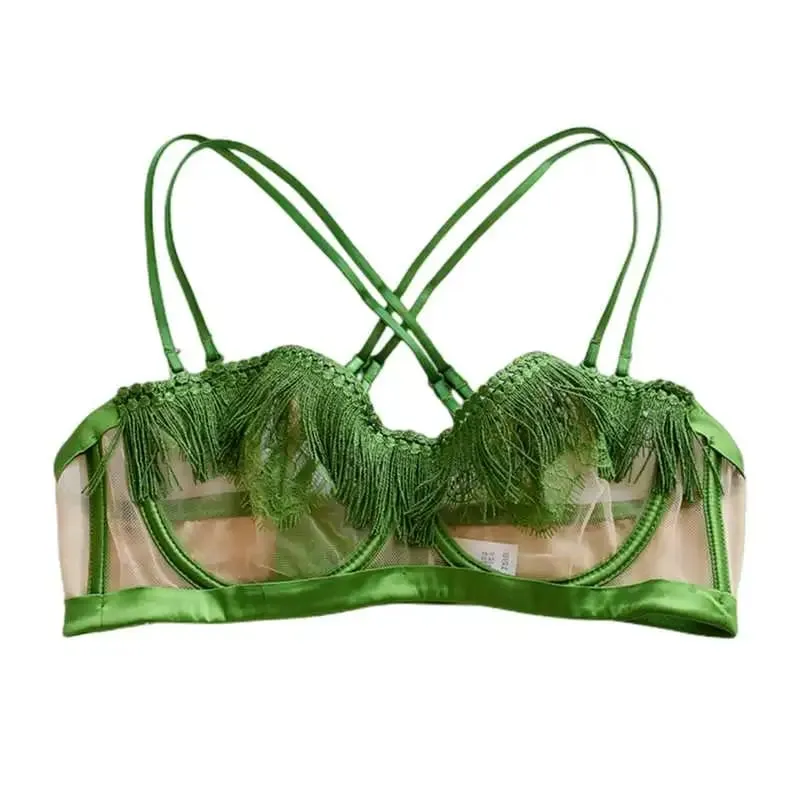 סט חזיית חזייה צרפתית סקסית קלה יוקרתית - Sheer Mesh Minimizer Bralette Ultra-Thin Lace הלבשה תחתונה מכירה מוגבלת במלאי