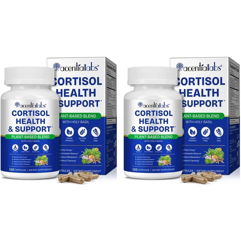 AcentiaLabs Cortisol Health & Support Capsules with Holy Basil Ashwagandha and Magnesium for Calm Stress Balance 120 Capsules