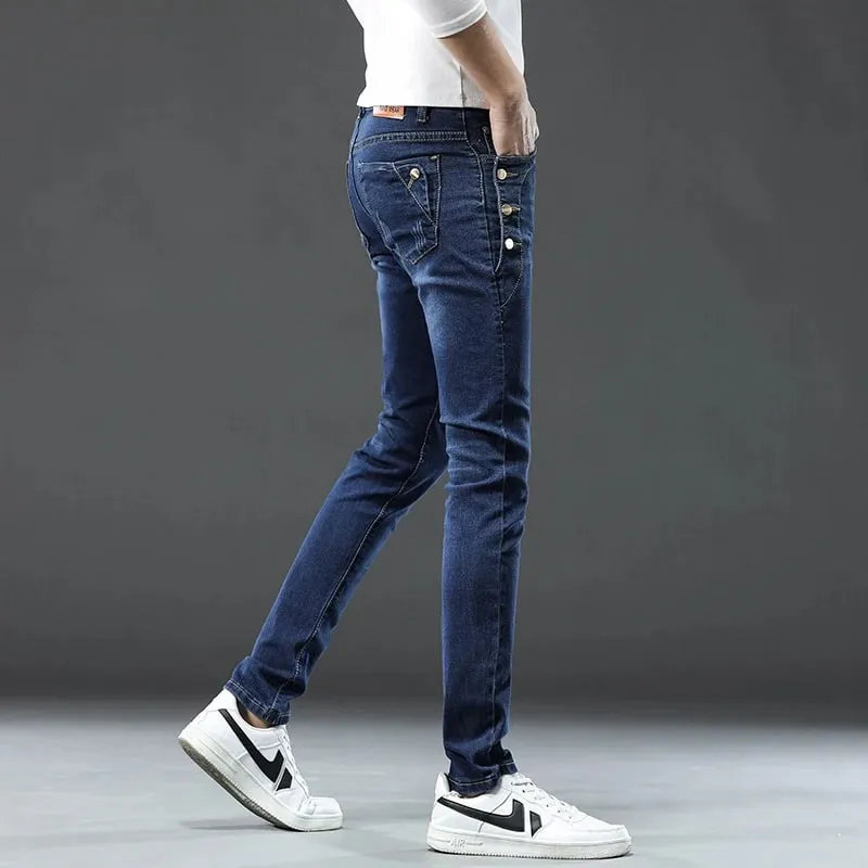 New Men Slim Korean Button Jeans Μαύρο Skinny μονόχρωμο Stretch με πολλά κουμπιά Ανδρικό τζιν παντελόνι Streetwear