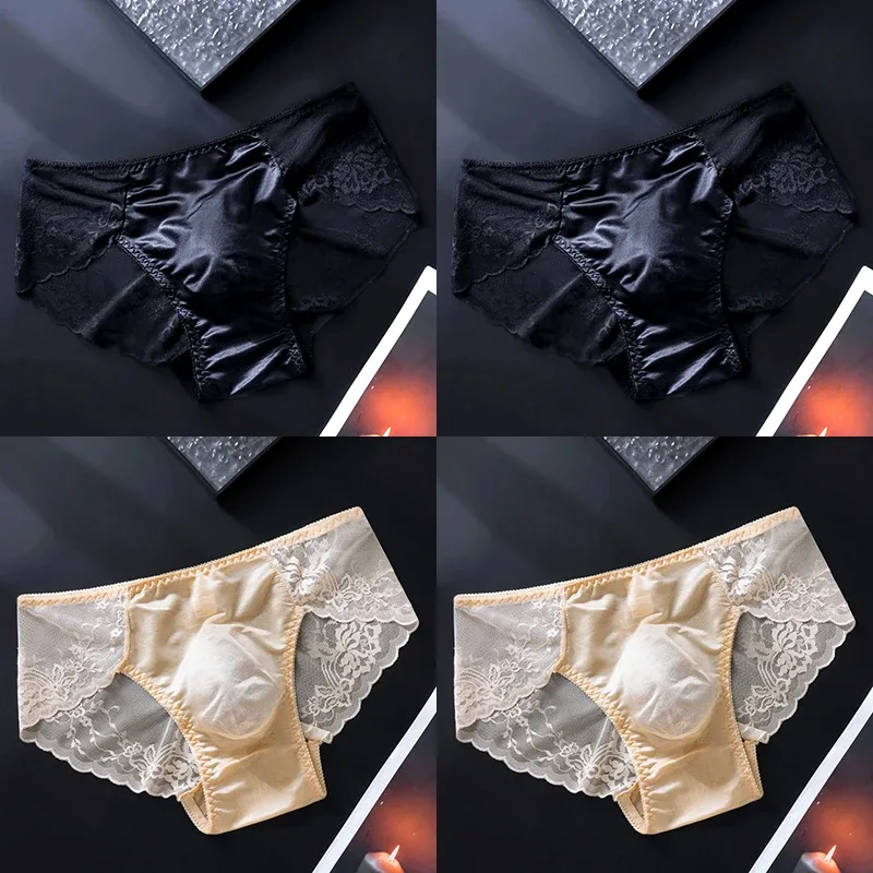 4PCS Sexy Transparent Men Lace Briefs Low Waist Thin Hollow Out Triangle Panties Male Seamless Exquisite Breathable Underwear