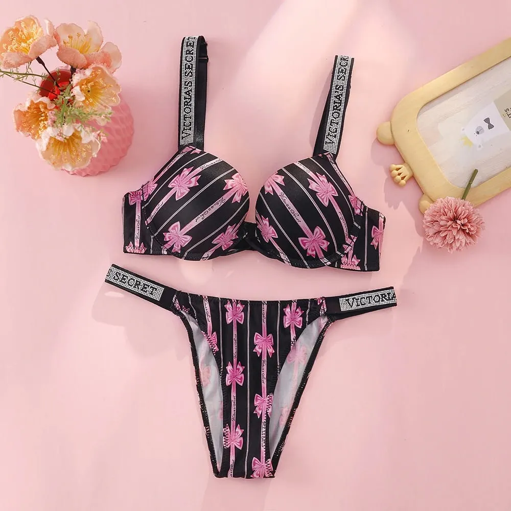 VS Very Sexy Logo Shine Strap Tropical Floral Push Up Bra Shine Script Thong Panty Victoria Secret Sexy Lingerie Set — image 9