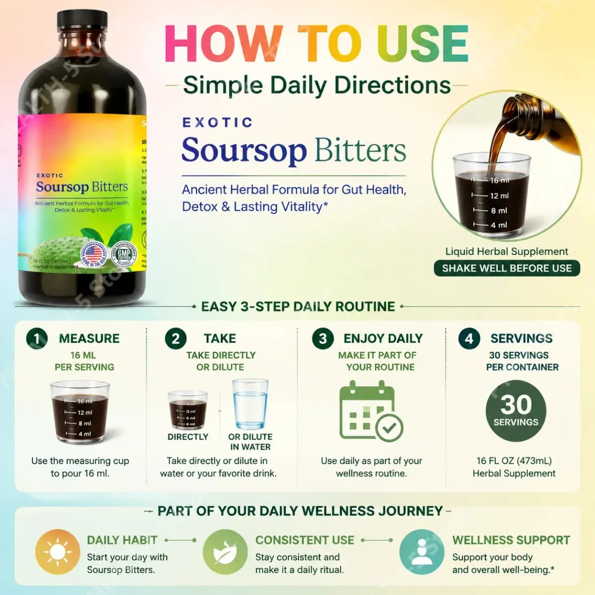 Υγρό συμπλήρωμα Herbal Soursop Bitters Black Seed Moringa Irish Moss Drops for Gut Digestive Wellness Immune 16 Fl Oz (473ml) — image 6