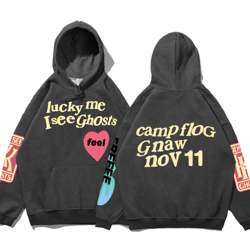 Moletom com capuz solto estampado com grafite Kanye Moletom masculino oversized Luck Me I See Ghosts Camisola com capuz Unissex Camisola com capuz — image 7