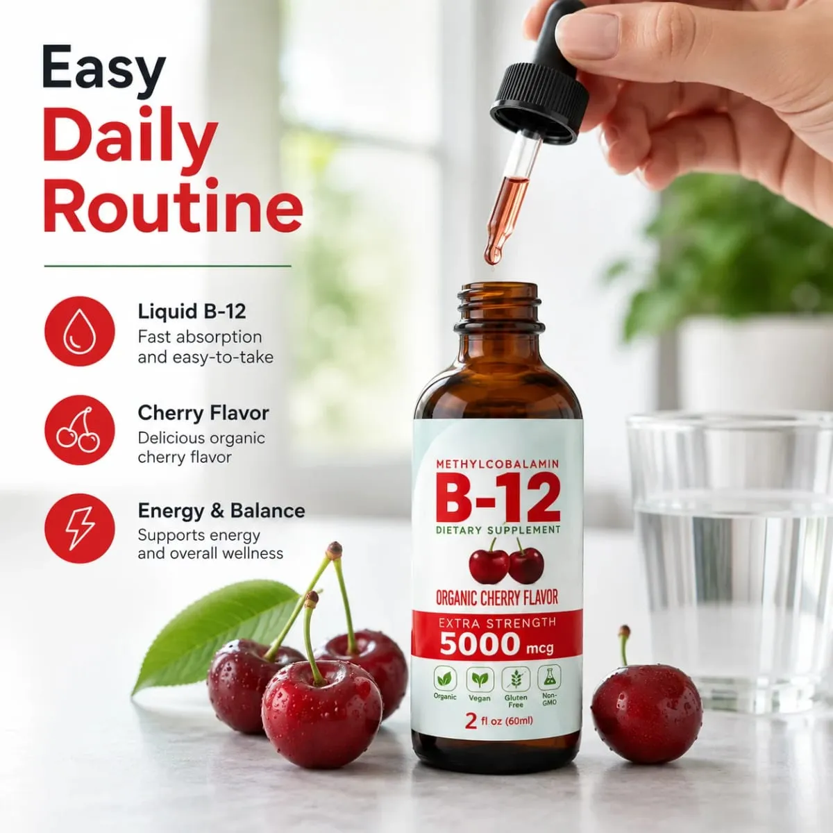 Vitamin B12 Drops 5000mcg Υγρό Υπογλώσσιο Συμπλήρωμα Μεθυλοκοβαλαμίνης Γεύση Κεράσι Vegan Χωρίς Ζάχαρη Καθημερινή Διατροφή 60ml — image 6