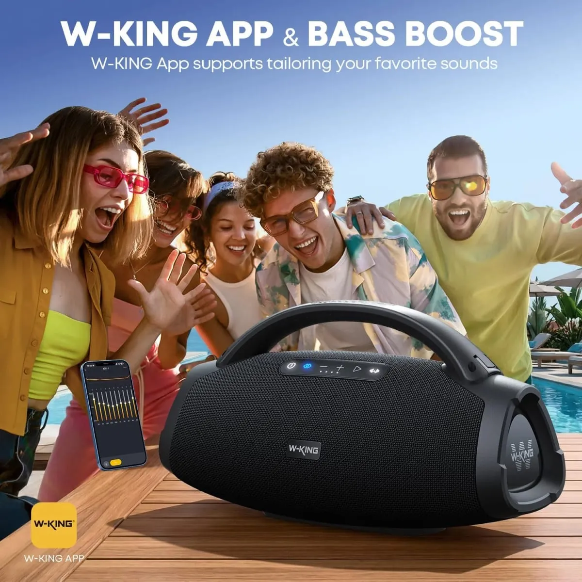330W Peak Wireless Boom Box Large Bluetooth Speaker 7.5" Subwoofer/IPX7 Waterproof Party Massive Bass for Outdoors