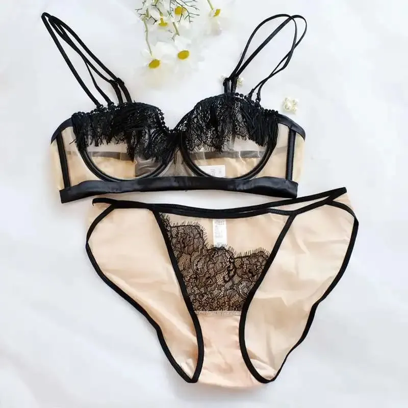 סט חזיית חזייה צרפתית סקסית קלה יוקרתית - Sheer Mesh Minimizer Bralette Ultra-Thin Lace הלבשה תחתונה מכירה מוגבלת במלאי