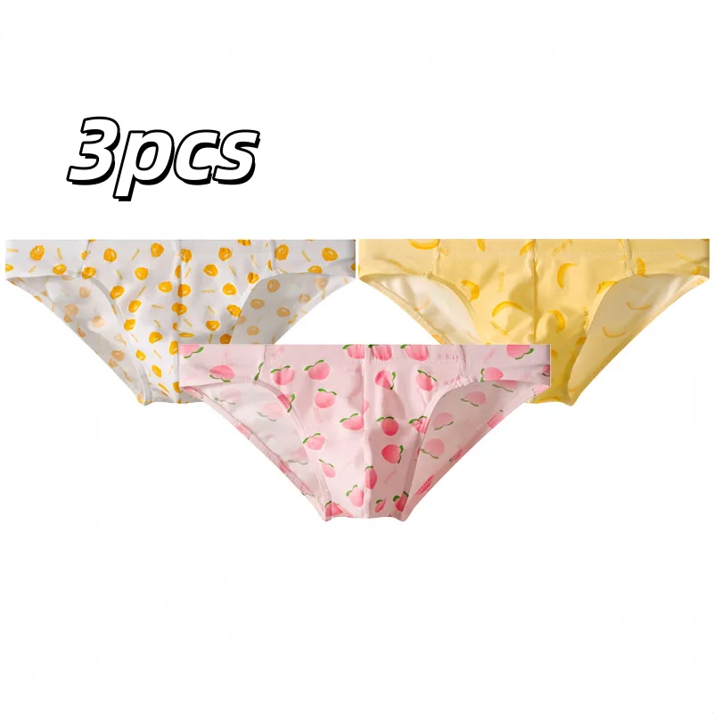 Three-pack of men's cute and personalized fruit-print cotton comfortable skin-friendly briefs, breathable low-rise home casual underwear for young men