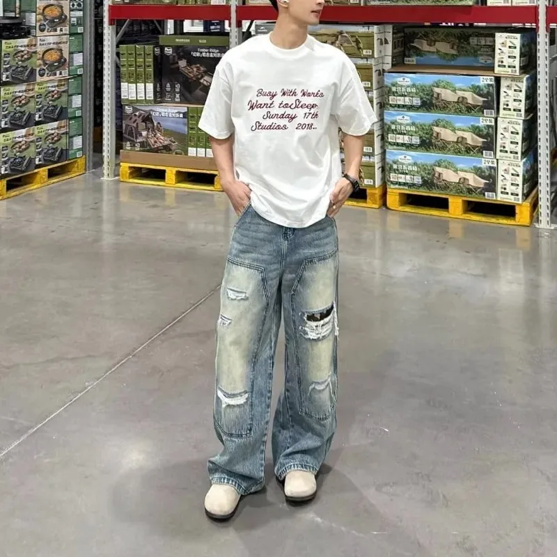 Men's Jeans Man Pants Heavy Duty Washed Multi Pocket Carpenter Style Straight Loose Denim Trousers Casual Fit High Street — image 6
