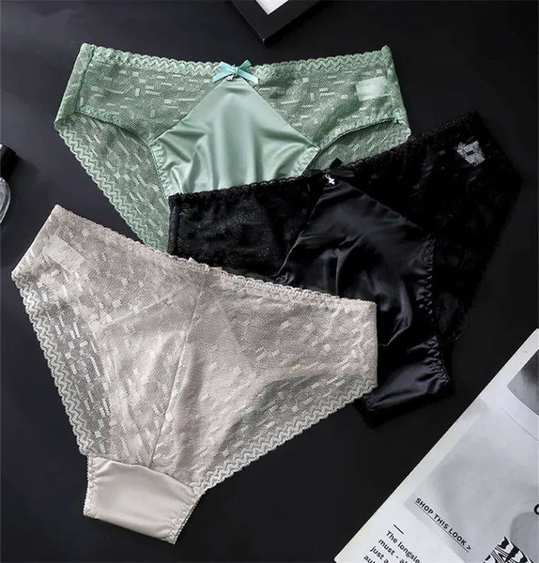 Sexy men's underwear Mesh lace cueca satin splicing sissy cuecas masculino naked feel calzoncillos hombre adults 18 plus size