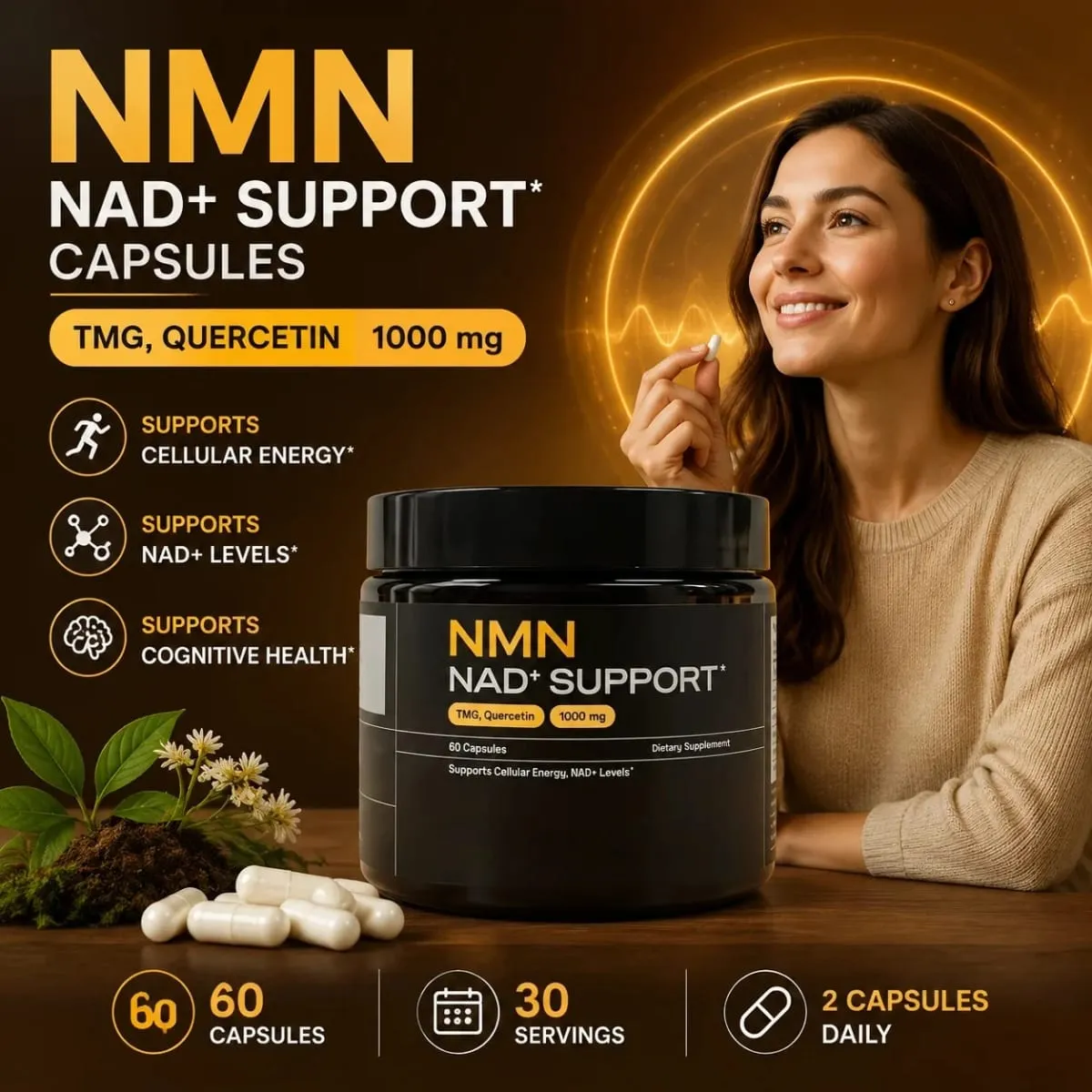 NMN NAD+ Κάψουλες Υποστήριξης 1000mg Υποστηρίζει Επίπεδα Κυτταρικής Ενέργειας Γνωσιακής Υγείας NAD+ με TMG Quercetin 60 Κάψουλες Ενήλικες